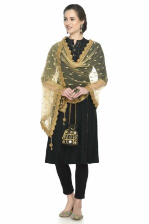 A R SILK Women’s Mirror Work Gold Colour Net Cutwork Fancy Dupattas/Chunnis