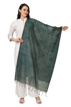 A R Silk Women’s Green Cotton Embroidered Dupatta