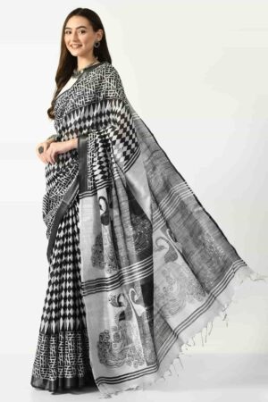 A R SILK BHAGALPURI HANDPRINTED Cotton Linen Saree with Blouse Piece