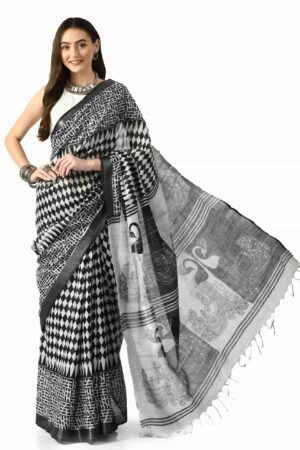 A R SILK BHAGALPURI HANDPRINTED Cotton Linen Saree with Blouse Piece