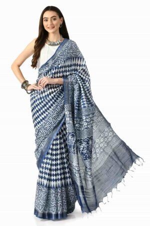 A R SILK BHAGALPURI HANDPRINTED Cotton Linen Saree with Blouse Piece