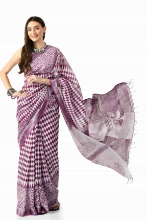 A R SILK BHAGALPURI HANDPRINTED Cotton Linen Saree with Blouse Piece