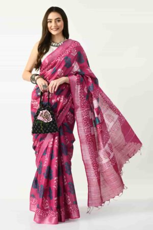 A R SILK BHAGALPURI HANDPRINTED Cotton Linen Saree with Blouse Piece