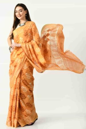 A R SILK BHAGALPURI HANDPRINTED Cotton Linen Saree with Blouse Piece