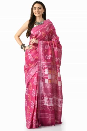 A R SILK BHAGALPURI HANDPRINTED Cotton Linen Saree with Blouse Piece