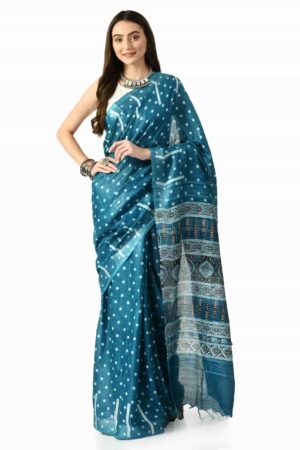 A R SILK BHAGALPURI HANDPRINTED Cotton Linen Saree with Blouse Piece