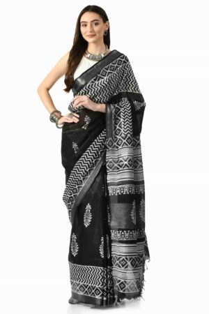 A R SILK BHAGALPURI HANDPRINTED Cotton Linen Saree with Blouse Piece