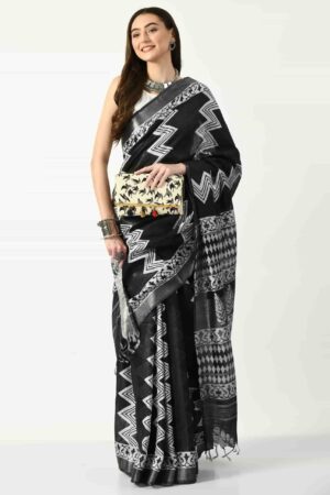 A R SILK BHAGALPURI HANDPRINTED Cotton Linen Saree with Blouse Piece