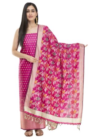 A R Silk Pink Cotton Chanderi Soft Zari Embroidered Worked Unstitched Salwar  Suit Dress Material With Banarasi Chanderi Dupatta