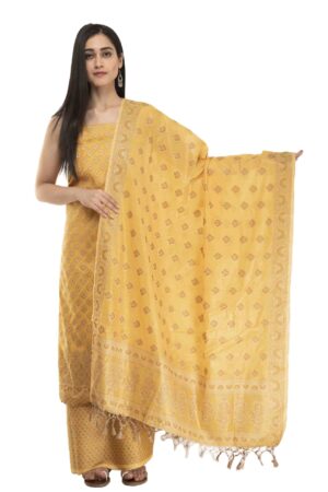 A R Silk Cotton Chanderi Zari Embroidered Work Unstitched Salwar Suit Dress Material With Banarasi Chanderi Dupatta (Yellow)