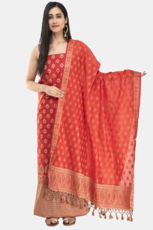 A R Silk Cotton Chanderi Soft Zari Embroidered Worked Unstitched Salwar Suit Dress Material With Banarasi Chanderi Dupatta ( Red )