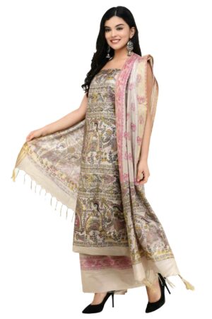 A R Silk Women’s Tussar Silk Printed Unstitched Salwar Suit Dress Material with Dupatta (Multicolor Printed, Free Size)