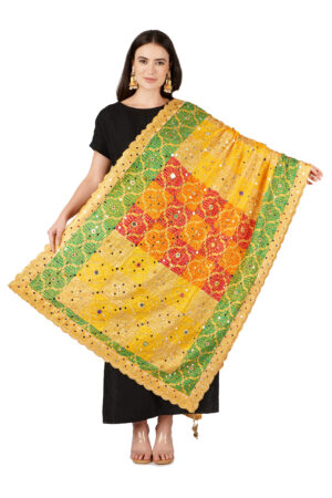 A R Silk DUPATTA HUB Chinnon Heavy Mirror Work,Fancy Lace and Fancy Latkan Phulkari,Designer and Weeding Multicolour Fancy Dupatta(ARS01130)