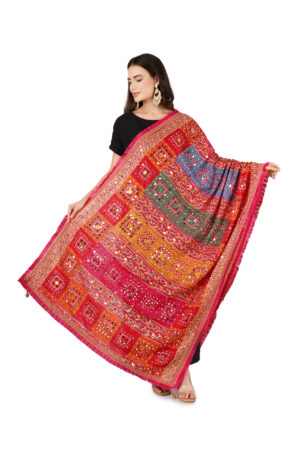 A R Silk DUPATTA HUB Chinnon Heavy Mirror Work,Fancy Lace and Fancy Latkan Phulkari,Designer and Weeding Multicolour Fancy Dupatta(ARS01131)