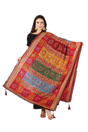 A R Silk DUPATTA HUB Chinnon Heavy Mirror Work,Fancy Lace and Fancy Latkan Phulkari,Designer and Weeding Multicolour Fancy Dupatta(ARS01132)