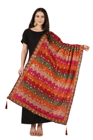 A R Silk DUPATTA HUB Chinnon Heavy Mirror Work,Fancy Lace and Fancy Latkan Phulkari,Designer and Weeding Multicolour Fancy Dupatta(ARS01135)