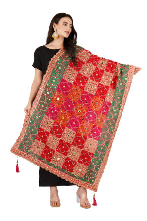 A R Silk DUPATTA HUB Chinnon Heavy Mirror Work,Fancy Lace and Fancy Latkan Phulkari,Designer and Weeding Multicolour Fancy Dupatta(ARS01136)