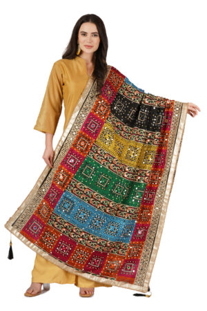 A R Silk DUPATTA HUB Chinnon Heavy Mirror Work,Fancy Lace and Fancy Latkan Phulkari,Designer and Weeding Multicolour Fancy Dupatta(ARS01137)