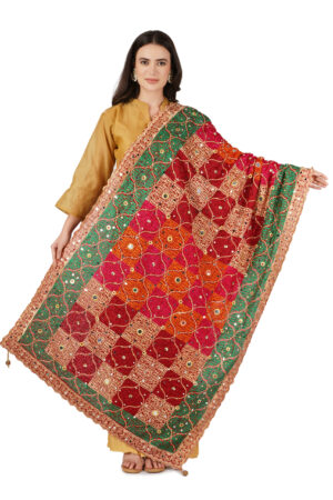 A R Silk DUPATTA HUB Chinnon Heavy Mirror Work,Fancy Lace and Fancy Latkan Phulkari dupatta Designer and Wedding Multicolour Fancy Dupatta(ARS01138)