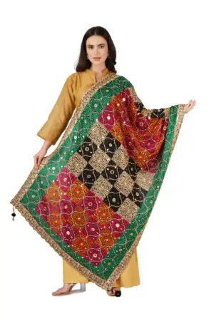 A R Silk DUPATTA HUB Chinnon Heavy Mirror Work,Fancy Lace and Fancy Latkan Phulkari,Designer and Weeding Multicolour Fancy Dupatta(ARS01140)